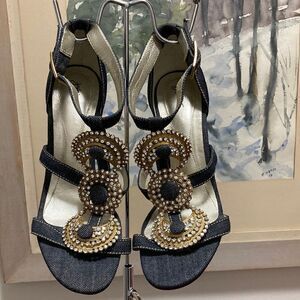 Zeferino Denim & Rhinestone Sandal with Ankle Strap & Stiletto Heel. Size EU 39.